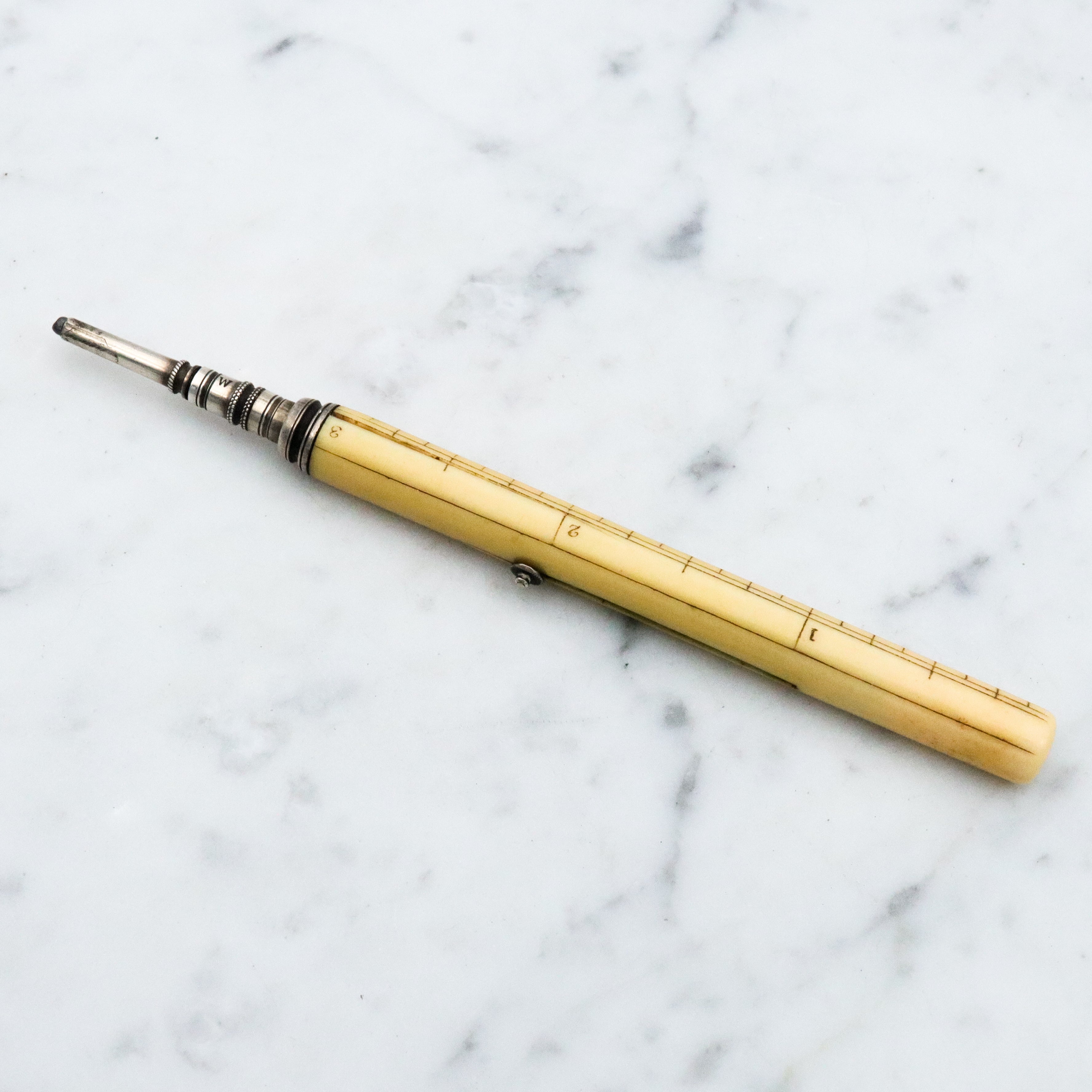 Rare Antique Victorian Sampson Mordan & Co. sterling & bone propelling pencil with ruler